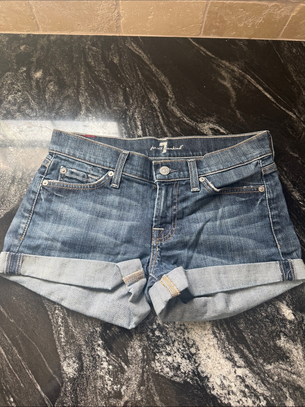 7 For All Mankind Blue Rolled Cuff Denim Shorts